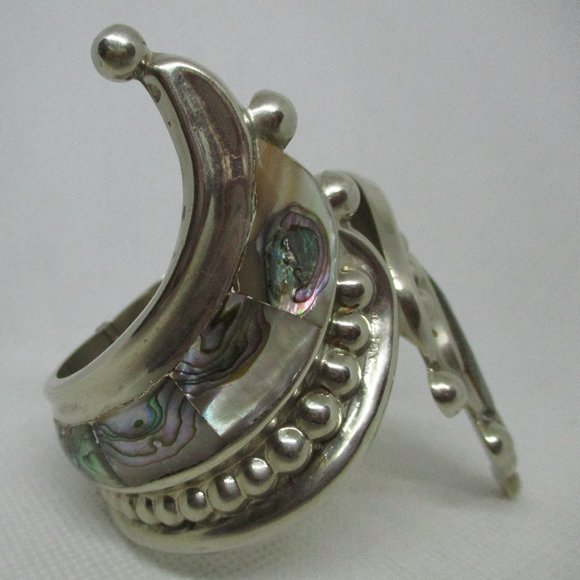 Wide ABALONE MEXICAN SILVER Bracelet Mexican Silver Abalone Swirl Clamper Cuff - Picture 13 of 14